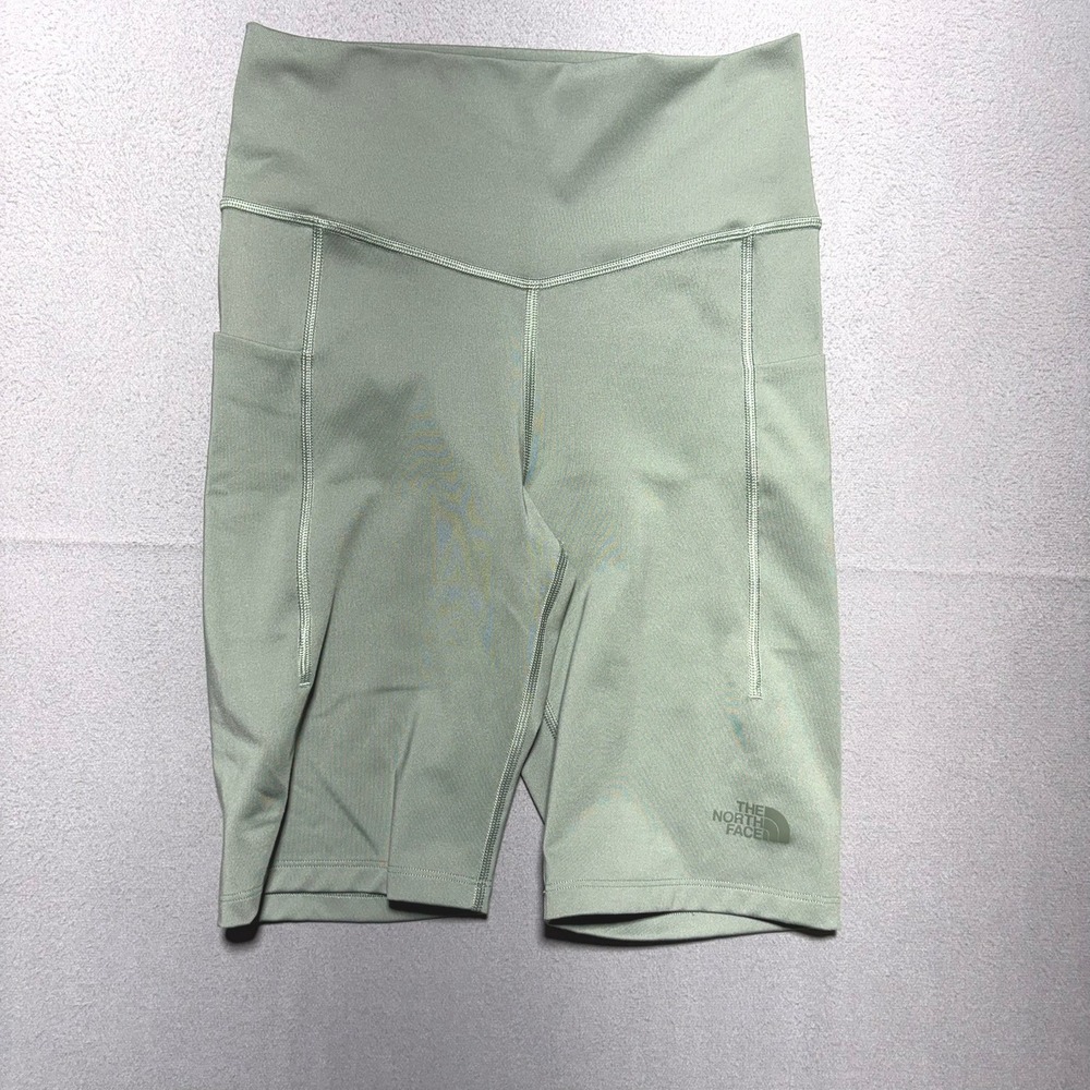 The North Face Womens Sage Green High Waisted Biker Shorts Side Pockets Size M